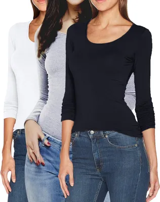 Produktbild von ONLY 3er-Set Damen Longsleeve Slim Fit Langarmshirt mit Rundhalsausschnitt, Schwarz-Weiß-Hellgrau, S