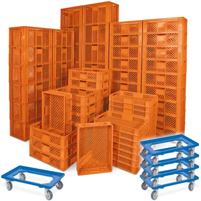 Produktbild von 78 Stück Stapelkörbe/Bäckerkästen in 5 Größen, Grundmaß LxB 600 x 400 mm, H 90 mm, 150 mm, 240 mm, 320 mm, 410 mm, Farbe orange + 5x Transportroller, blau