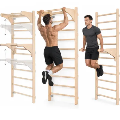 Produktbild von MAMOI® Gymnastikleiter für Training mit Griff und Dip-Barren, stabile Konstruktion für Krafttraining und Stretching, Wandmontage, Trainingsgriffe