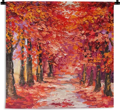 Produktbild von MuchoWow® Wandteppich Wandbehang Gemälde - Bäume - Herbst - Ölgemälde 60x60 cm Tapisserie Dekoration Wandtuch - Dekorationen - Wand Decke