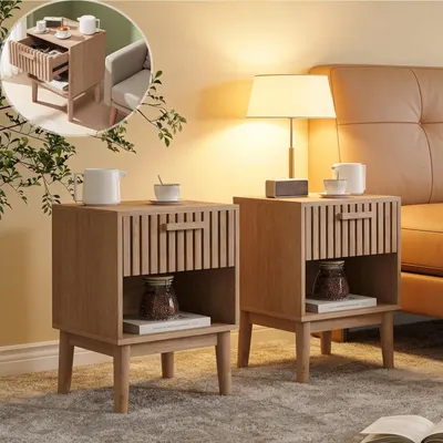 Image de Ensemble de tables de chevet en bois, comprenant 2 tables avec tiroir