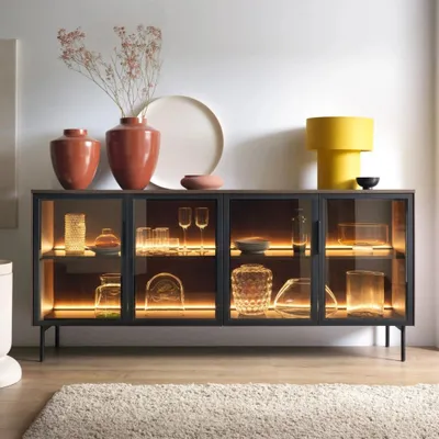 Produktbild von Sideboard Kommode LUMI 181 cm Eiche Dunin 4 Glastüren braunes Antisol-Glas LED Loft Modern
