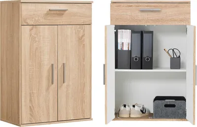 Produktbild von mokebo® Mehrzweckschrank 60cm Breite mit Schubladen 'Der Praktische', kleiner Büroschrank oder Aktenschrank, auch als Schuhschrank oder Aufbewahrungsschrank in 60x90x34 cm (B/H/T) in Sonoma Eiche