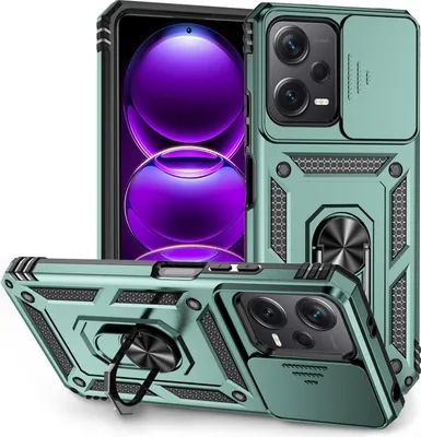 Image de Xiaomi Redmi Note 12 5G étui double couche avec couvercle coulissant pour l'appareil photo et anneau de support vert