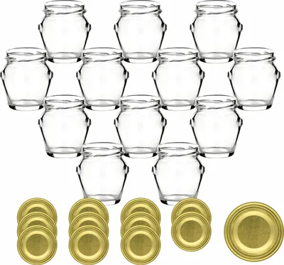 Immagine prodotto di set di 12 vasetti per conserve 106 ml con manico e tappo a vite color oro - Piccolo vasetto con coperchio per marmellate e conserve fatte in casa