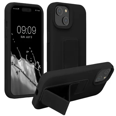 Produktbild von kwmobile Handyhülle für Apple iPhone 15 Hülle - TPU Silikon Case mit Fingerhalter und Stand - Schutzhülle Cover in Schwarz