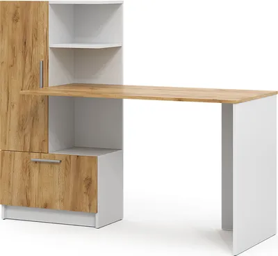 A modern desk with integrated shelving and a cabinet, presented against a white background.