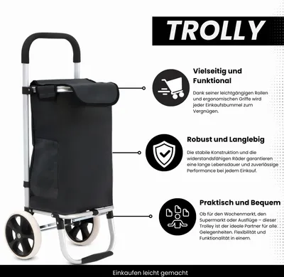 A black shopping trolley with silver frame and white wheels, presented with marketing text and icons highlighting its features.