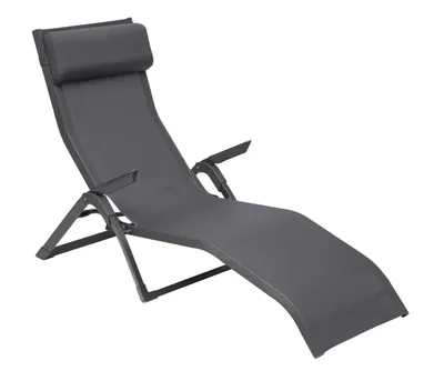 A dark gray chaise lounge chair with a headrest, shown from a side angle against a white background.