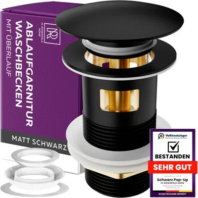 Immagine prodotto di M. ROSENFELD HOME Set di scarico per lavabo con troppopieno nero opaco, rubinetto di scarico pop-up 1 1/4 in acciaio inox e ottone per lavabo