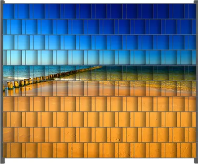 Produktbild von Wallario Zaunsichtschutz mit Motiv Sandstrand in orange - Blaues Meer - Blauer Himmel für Ein- und Doppelstabmatten Zäune in der Größe 250 x 200 cm