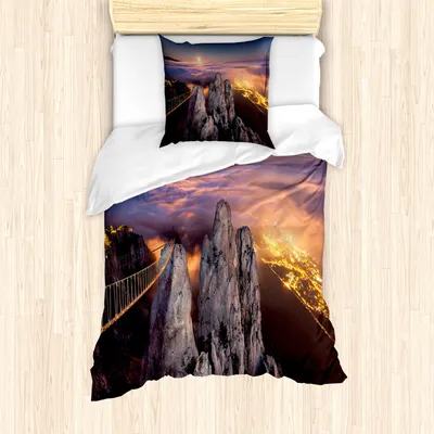 Produktbild von ABAKUHAUS Americana Mantele, Vollmond Sonnenuntergang Alpen, Milbensicher Allergiker geeignet mit Kissenbezügen, 135 cm x 200 cm - 80 x 80 cm, Mehrfarbig