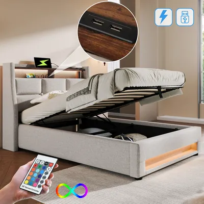 Produktbild von Odikalo Polsterbett Jugendbett Bettgestell USB 90x200cm LED Lattenrost Metallrahmen Leinenmaterial Beige