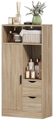 Produktbild von Platzsparender, schmaler Badezimmerschrank mit 2 Schubladen, Ablagen und Schrankfach, 50 x 25 x 100 cm, Naturholz
