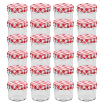 Image de 24 pcs Pots à confiture Couvercles blanc et rouge Verre 110 ml