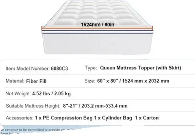 Immagine prodotto di Topper per materasso, poliestere traspirante, sfoderabile, 1524mm x 2032mm