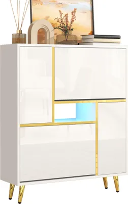 A white shoe cabinet with gold accents and LED lighting, displayed on a white background.