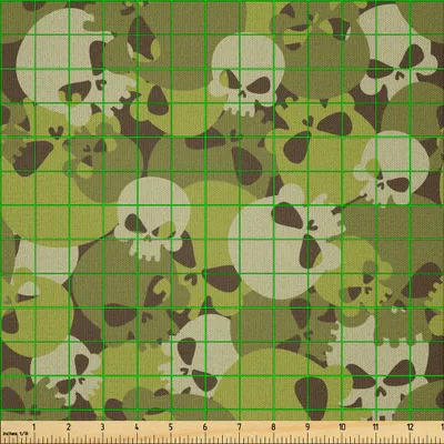 Produktbild von ABAKUHAUS Camo Microfaser Stoff als Meterware , Zusammensetzung der Schädel-furchtsamen Hauptskelette-grafischen Schmutz-Illustration, 1 M (230 x 100 cm), Grün Hellgrün Beige