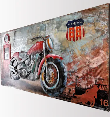 Image de Tableau métallique fait à la main Motorcycle Gas Station Red B=120cm/H=80cmT=5,5cm
