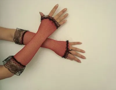 Produktbild von Netzhandschuhe Handschuhe Netz rot schwarz Lang Spitze Fingerling Finger Handschuh Fingerlos