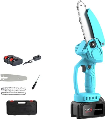 A collection of items for a cordless chainsaw, including the chainsaw itself, batteries, charger, spare chain, guide bar, screwdriver, and a carrying case, all presented against a white background.