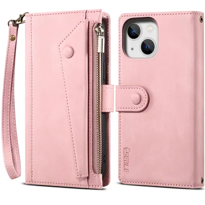 Obrázek produktu pro Ochranné pouzdro pro iPhone 15 kožené pouzdro na zip, skládací peněženka s přihrádkou na karty, stojánek a poutko Růžový