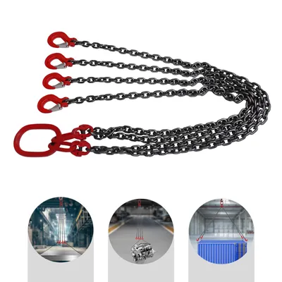 A set of four chain slings with red eye hooks and a red master link, shown against a white background. Below the main product image are three circular insets showing the chain slings in use for lifting various items.