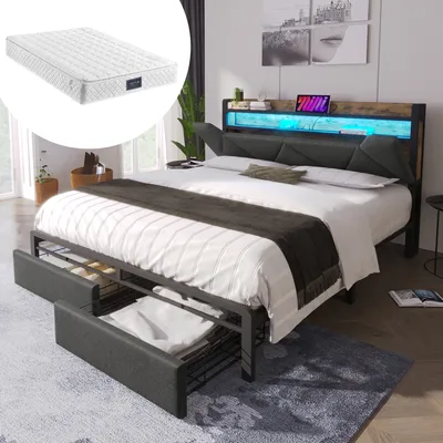 Produktbild von STILVORA Polsterbett 160x200cm Doppelbett mit USB und Type-C Ladefunktion,mit LED-Beleuchtung und Schubladen,Stauraum-Kopfteil,Grau(mit Matratze)
