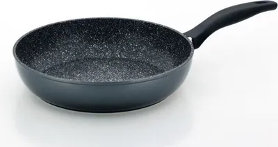 A black frying pan with a speckled interior and a black handle, shown on a white background.