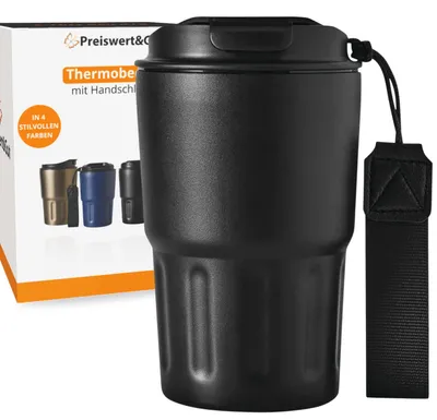 Produktbild von Premium Isolierbecher 8 warm und 12 kühl Stunden 400ml doppelwandig - Komfort-Schraubverschluss integrierter Trinköffnung - Thermobecher mit Handschlaufe aus recyceltem Kunststoff schwarz