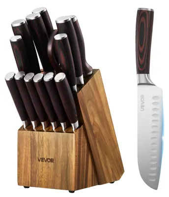Produktbild von VEVOR Küchenmesser Set mit Block und Schleifer, 15-teiliges deutsches Hochkohlenstoff-Edelstahl-Messer Set, Küchenbesteck mit PP ergonomischem Griff, Schleifstab und Holzblock, für Hobbyköche, Kiefernholz