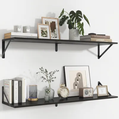 Imagen del producto de Estantería de madera, juego de 2 unidades, 90x20 cm, color , con soporte de metal, ideal para el salón