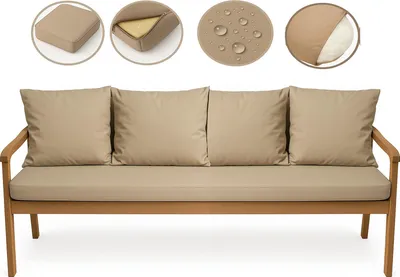A beige sofa with cushions, shown with close-up insets highlighting features like water resistance and removable covers.