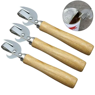 Produktbild von 3er Set manueller Dosenöffner Edelstahl 304 mit Holzgriff,Vintage Multitool mit Flaschenöffner und Korkenzieher, für Küche,Camping und Haushalt
