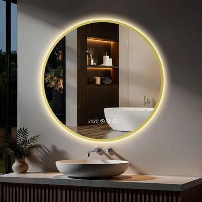 Produktbild von S'AFIELINA LED Badezimmerspiegel Rund Ø70 cm, Goldener Rahmen, 3 Lichtfarben, stufenlos dimmbar, Antibeschlag, Uhr & Temperaturanzeige, Memory