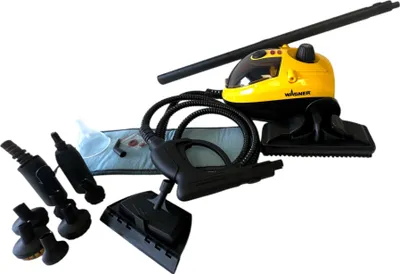 A yellow and black steam cleaner with various attachments laid out on a white background.