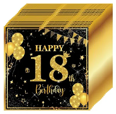 40 Servietten 18. Geburtstag, schwarz-gold, 33 x 33 cm, Happy Birthday