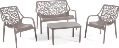 Image de Ensemble salon de jardin avec banquette deux places, 2 fauteuils et table en résine renforcée de fibres de verre - design moderne, robuste et imperméable, idéal pour le jardin, la terrasse et la véranda - MARATEA - Tourterelle