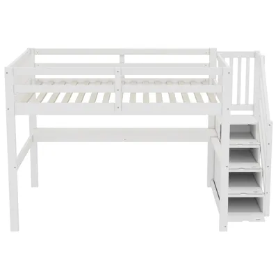 Produktbild von Flieks Etagenbett 140×200cm mit Treppe und Schreibtisch, Hochbett Jugendbett mit Lattenrost, Kinderbett mit Rausfallschutz, Massivholzbett, Weiß