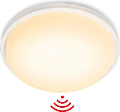 A white, round LED ceiling light with a motion sensor icon below it.