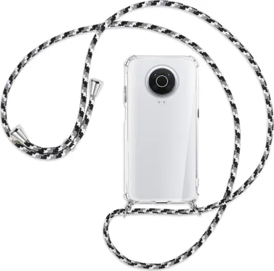 Produktbild von Handykette Backcover-Schutzhülle mit Band (Metall silberfarben) für Nokia G10, G20 (Nokia 6.3) - schwarz/grau/weiß