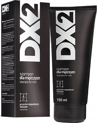 A black shampoo bottle and its packaging are shown against a white background.