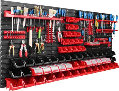 Obrázok produktu pre Skladovací systém dielenské regály | 172 x 78 cm | 62 ks. Box | Nástenné regály s držiakmi na náradie a stohovateľnými boxmi - Nástenné dosky Extra silné regály s otvormi na náradie Skladové regály Garážové regály