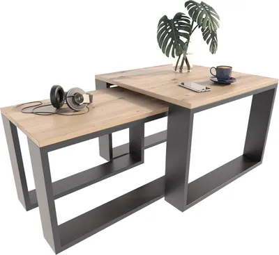 Produktbild von MATKAM Satztisch 2er Set, Couchtisch im Industrie-Stil, einfache Montage (Artisan Eiche