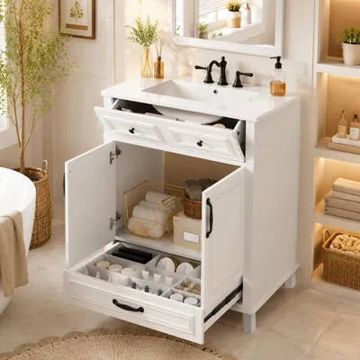 Produktbild von STILVORA Waschtisch mit integriertem Keramikwaschbecken, Badschrank mit 9 Ablagefächern, Waschbeckenunterschrank mit Doppeltür und Soft-Close, Weiß