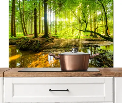 Obrázek produktu pro KitchenYeah® Kuchyňský splashback - Kuchyňský splashback - Ochrana stěny sporáku a dřezu - Les - Krajina - Voda - Stromy - Slunce - Zelená - Příroda 100x65 - Alu-Dibond (alternativa ke skleněným splashbackům)