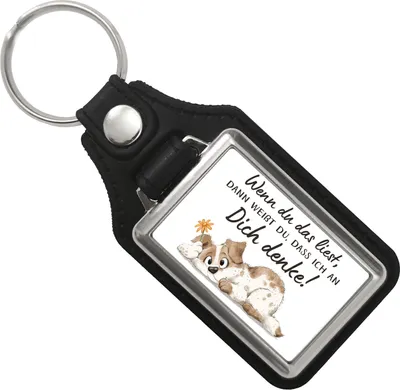 Produktbild von Hund Schlüsselanhänger mit Kunstleder-Anhänger mit Spruch Denke an dich