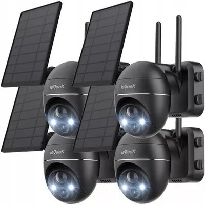 Image de ieGeek 3MP Caméra de surveillance Extérieur Batterie Sans fil PTZ WLAN Caméra IP avec panneau solaire, Vision nocturne couleur, Audio 2 voies, 4 pcs.