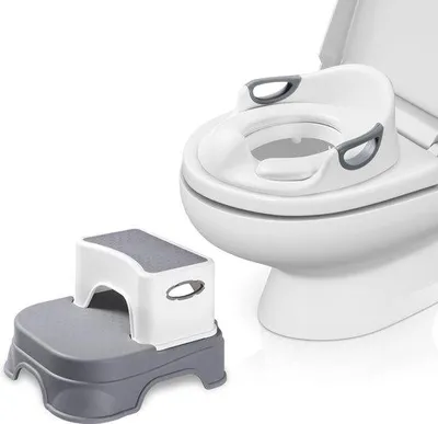 Image de Rehausseur de toilettes pour enfants avec marchepied, pot pour enfants avec marchepied pour les 1 à 7 ans, siège de toilettes pour enfants, siège bébé avec coussin antidérapant et porte-papier toilette (gris)