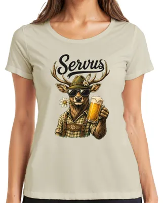 Produktbild von Servus Hirsch Bayern Bier Tracht Lederhose Dirndl Jagd Damen T-Shirt, Natur, 3XL
